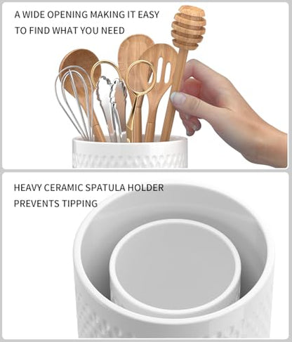 Ceramic Utensil Caddy, Cooking Utensil Holder for Kitchen Counter | 6.8 inch Large Spatula Holder, Farmhouse Kitchen Decor for Silverware Spoon Crocks 2PCK
