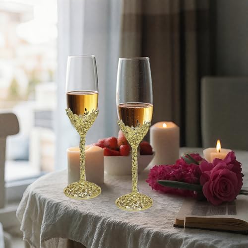 Gold Champagne Flutes -His and Hers,Wedding Toasting Glasses for Wedding,Engagement Celebrations, Bridal Shower and Registry Idea,Wine Glasses for Bride and Groom Gifts,7oz (Light Glod) - color: Light Glod