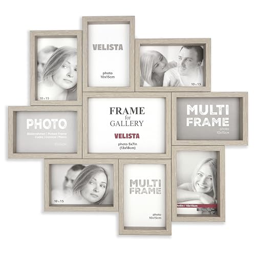 VELISTA 9 Opening Family Picture Frame Collage for Wall Décor – Premium Modern Multi Photo Frame Made of Engineered Wood with Plexiglass Front (Gray) - color: Gray