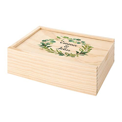 Koyal Wholesale Custom Eucalyptus Wreath Couple Names Wedding Keepsake Box, 4 x 6 -inch, Natural Wood - color: Eucalyptus Wreath