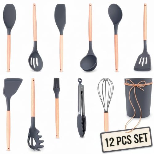 12 Pcs Gray Kitchen Utensils Set with Holder for Nonstick Cookware | Silicone Cooking Utensils Set for BBQ; Heat-Resistant Tools with Wooden Handles for Baking, Serving, Frying, and Mixing - color: Gray