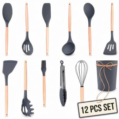 12 Pcs Gray Kitchen Utensils Set with Holder for Nonstick Cookware | Silicone Cooking Utensils Set for BBQ; Heat-Resistant Tools with Wooden Handles for Baking, Serving, Frying, and Mixing - color: Gray