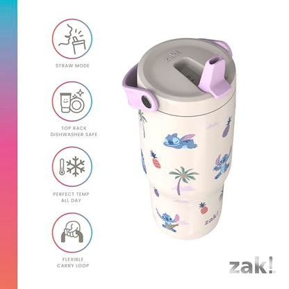 Zak Designs Disney Stitch Siply 20oz Leak-Proof Straw Insulated Tumbler | BPA Free, Stainless Steel, Handle, Cupholder Friendly, Dishwasher Safe, Kids Water Bottle, Reuseable For School, Home, Travel - color: Lilo and Stitch