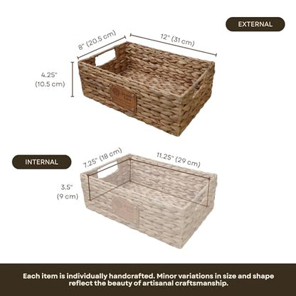Handmade Water Hyacinth Wicker Storage Basket with Handles – Rectangle Organizer Bin for Shelves, Blanket, Bathroom, Closet – Stackable – Decorative & Durable (1, S: 12" x 8" x 4") - size: S: 12" x 8" x 4"