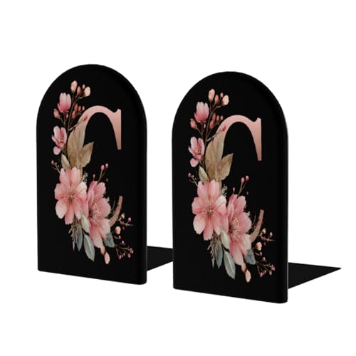 Wood Book Ends for Shelves Botanical Floral Alphabet C On Black Bookends for Heavy Books CDs Organizer Decorative Wooden Book Stopper Holders for Home Office Desk,5.1x3.1x4in Set of 2 - color: Floral C, size: 5.1x3.1x4inx2PCS