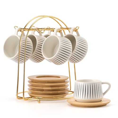 LUKA Ceramic Coffee Espresso Cups with Saucers Set with Metal Holder, 4.4 oz Porcelain Demitasse Cups For Tea, Espresso, Latte, Coffee, Cafe Mocha, Set of 6, White - color: 6-Stripe White, size: 4 oz