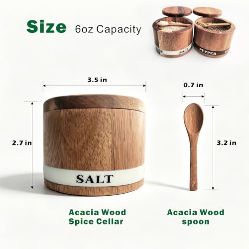 ThougrLyh Salt Cellar, Acacia Wood Salt Pepper Containers for Countertop | Built-in Spoon, Magnetic Swivel Lid, Luminous Engraved SALT Label Holder, 2pcs 6oz Kitchen Salt Box for Spice Storage - color: salt and pepper cellars