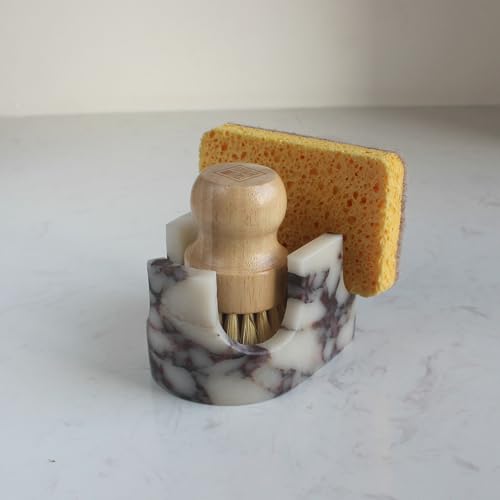 Natural Travertine Marble 2-Slot Sponge Holder for Kitchen Counter, 2-in-1 Stone Drying Rack, Sponge Caddy for Sink Organizer - Calacatta Viola Marble - color: Calacatta Viola Marble