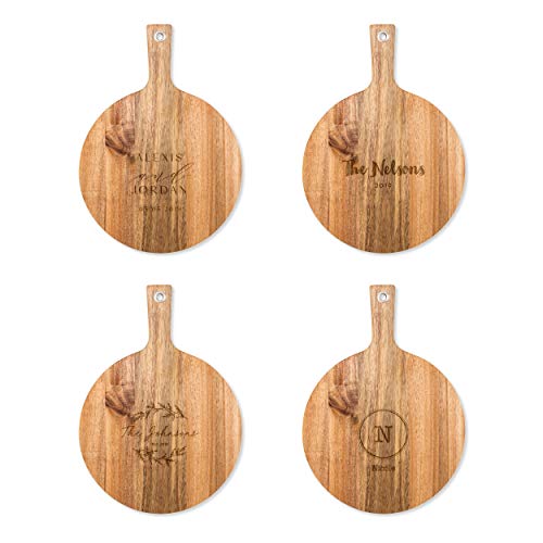Weddingstar Personalized Wooden Round Cutting Board or Serving Board with Handle 12" x 16.5" - Retro Script Etching - color: Retro Script, size: 16.5"L x 12"W
