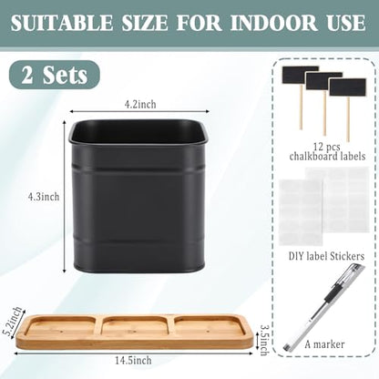 LemonRoad 6 Pcs Indoor Herb Planter Window Herb Pots for Kitchen with Drainage Hole and Bamboo Tray Farmhouse Metal Garden Planter Pot with DIY Label Mom Plant Gift(Black,Square) - color: Black