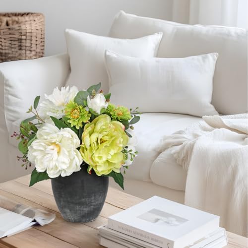Fake Flowers in Vase Faux Floral Arrangements Centerpiece Artificial Flowers with Vase Spring Flower Centerpieces for Tables White Silk Flowers Arrangement in Vase - color: White Green
