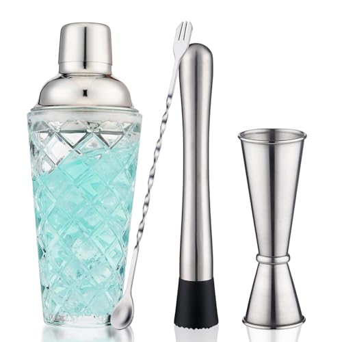 Cocktail Shaker Set, 14.2oz Glass Martini Shaker with Strainer - Includes Measuring Jigger, Mixing Spoon and Muddler - Perfect for Making Cocktails and Protein Shakes (Silver) - color: Silver Set