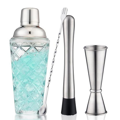 Cocktail Shaker Set, 14.2oz Glass Martini Shaker with Strainer - Includes Measuring Jigger, Mixing Spoon and Muddler - Perfect for Making Cocktails and Protein Shakes (Silver) - color: Silver Set