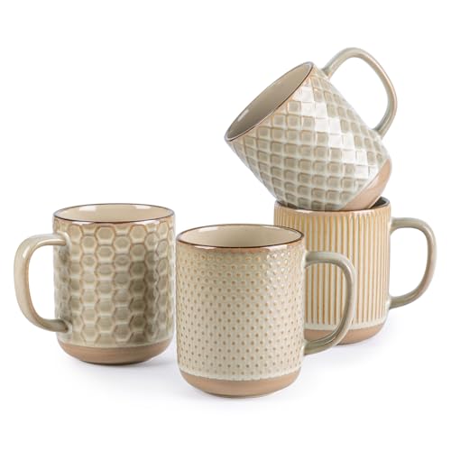 GBhome Coffee Mugs Set of 4, 16 oz Coffee Cups with Large Handle | 4 Assorted Designs, Embossed Ceramic Coffee Mugs for Coffee/Tea/Cappuccino, Dishwasher&Microwave Safe, Pale Khaki - color: Pale Khaki, size: Set of 4