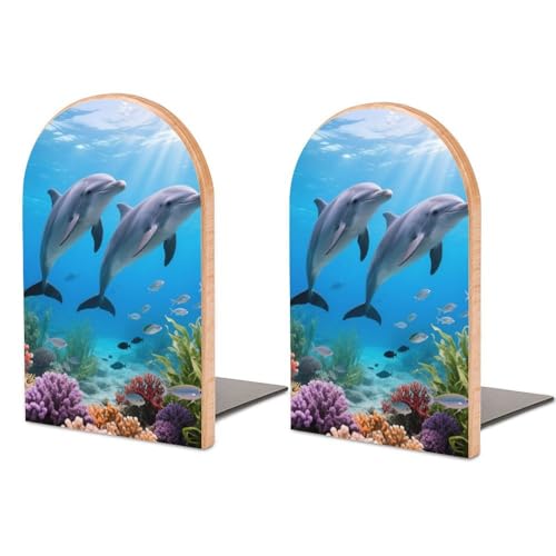 Dolphin Book Ends for Shelves - 2 Pack Handmade Wooden Bookends with Metal Base, Sturdy Book Holder for Heavy Books Modern Decorative Book Stopper for Home Office