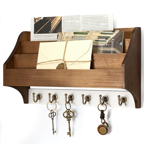 Rebee Vision Mail Organizer Wall Mounted with 3 Mail Slots, Brown&White | Pine Wood, Key Holder Wall Mount, 3-Tier Mail Holder, 6 key hooks, Wall Organizer, Hanging Letters, Entryway Storage - color: Brown&White