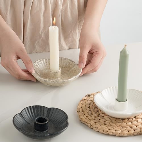 Ceramic Taper Candle Holder, Candlestick Holder with Tray Base | Stable round tray base helps hold taper candles securely while the polished ceramic finish adds a clean decorative look. - color: Camel