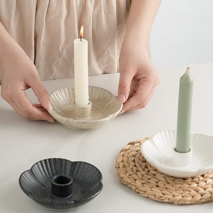 Ceramic Taper Candle Holder, Candlestick Holder with Tray Base | Stable round tray base helps hold taper candles securely while the polished ceramic finish adds a clean decorative look. - color: Camel