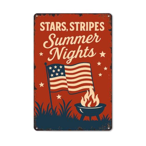 Funny Vintage Stars Stripes Summer Nights 8x12 Inch Patriotic Design Aluminum Metal Sign Retro Summer Decor For Farmhouse Kitchen Man Cave Garage Bathroom Living Room Outdoor Patio Wall Art Decoration