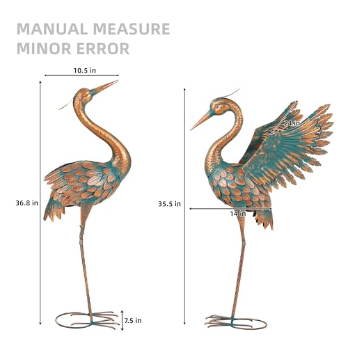 36.8" Metal Crane Garden Statue, Extra-Large Heron Yard Art | Handcrafted Blue Heron with U-ground Stakes for Stability. Weatherproof Iron Bird Art for Backyard, Lawn, Pond, or Patio. - color: 36" -Weathered Copper Blue