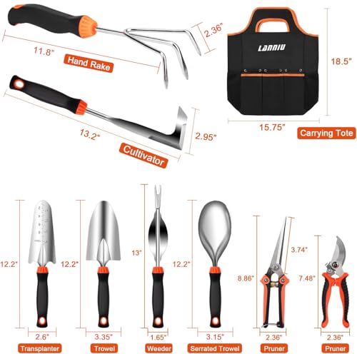 9 Piece Garden Tool Set | Heavy Duty Stainless Steel, Ergonomic Non-Slip Rubber Handles, Pruning Shears, Trowel, 600D Storage Tote Bag - style: 9-Piece Black