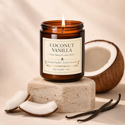Coconut Vanilla Candle - 9oz Scented Candle, Natural Soy Candles for Home | Creamy Vanilla & Fresh Coconut Scent. 9 oz Soy-Coconut Wax Candle for Bedrooms, Baths, Reading & Spa. A Cozy Gift for Women - color: 1 Pack Coconut Vanilla Candle