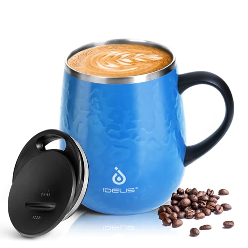 Ideus 16 oz Insulated Coffee Mug with Handle and Lid, Double Wall Stainless Steel Vacuum Thermal Coffee Mug, Travel Coffee Cup Thermal Cup for Home and Office (Leopard Blue, FUJI DAWN) - color: Leopard Blue