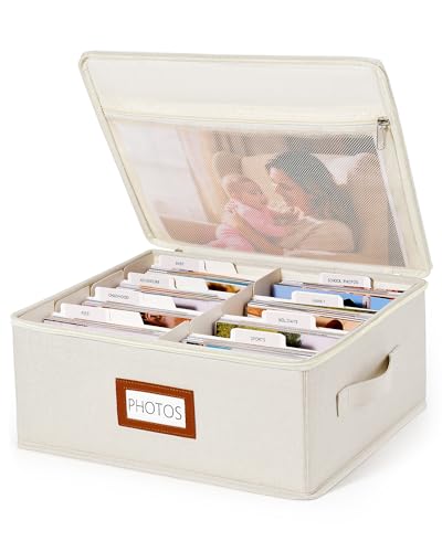 Photo Storage Box, 2000 4x6 Photo Organizer with 8 Dividers, Beige | Linen Keepsake Box with Zipper Lid & 30 Label Cards, Mesh Pocket for 8x10 Prints, Stores Family Wedding Memories - color: Beige