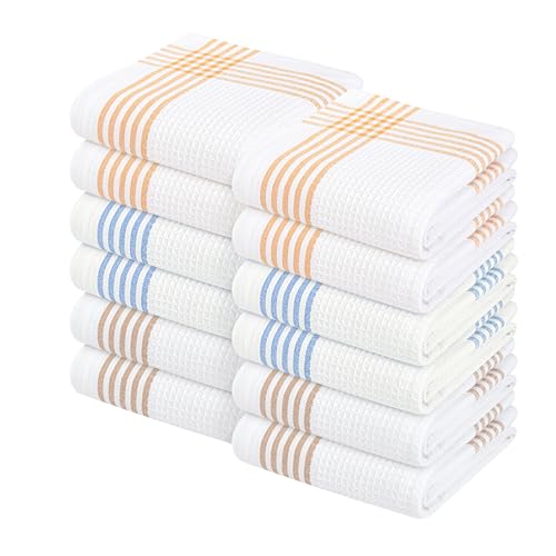 Waffle White & Multi Colors Kitchen Towels Set of 12, 100% Cotton, 16x26 inches, Durable Dish Towel, Quick Dry Dishcloths, Ideal for Drying, Wiping - Mustard Yellow, Sky Blue, Brown - color: White, Multi Colors Bright Pack, size: 16 X 26 - 12 Pack