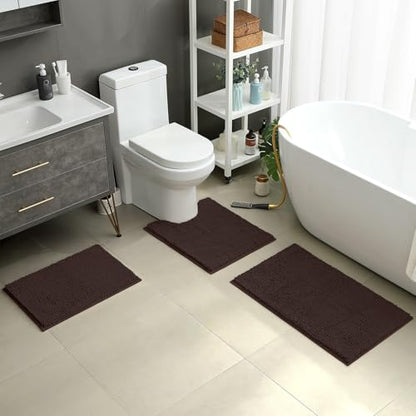 HOMEIDEAS 3 Pieces Bathroom Rugs, Ultra Soft Non Slip Absorbent Chenille Toilet Bath Mat Set (Brown) - color: Brown-brown, size: 17"x24"+20"x32"+U Shape 20"x24"