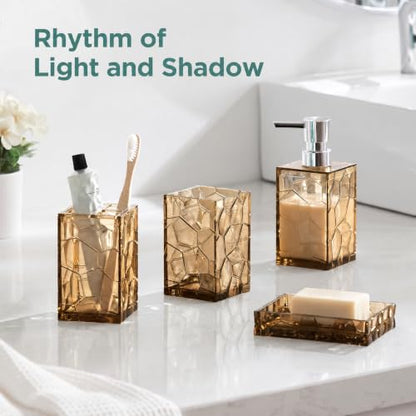 HBlife Bathroom Accessories Set, Acrylic Bathroom Counter Set of 4 | Boho acrylic bathroom decor, 4-pc: holder, soap, tumbler, dish, Easy-clean & rustproofd, Ideal housewarming gift - style: Orange