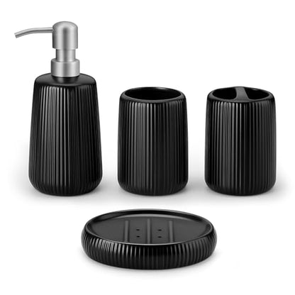 vancasso Ceramic Bathroom Accessories Set 4 Piece, Soap Dispenser with Stainless Steel Pump, Toothbrush Holder, Tumbler and Soap Dish, Modern Relief Design, Bathroom Decor Organizer, Black - style: Black