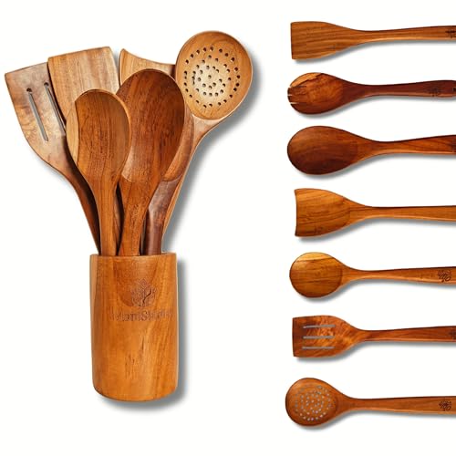 Teak Wood Cooking Utensil Set 8 Piece, Home essentials cookware set,Kitchen Utensils with Holder Wooden Spoons & Spatula for Cooking Nonstick Cookware,Safe, Non Toxic, Handcrafted