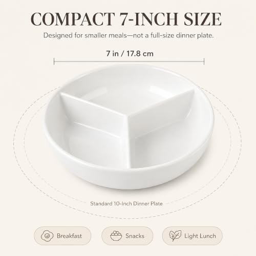 Portion Control Plate, 1 Count, 7-Inch Ceramic, White | 1 Plate with 3 Compartments for Small Meals, Microwave & Dishwasher Safe