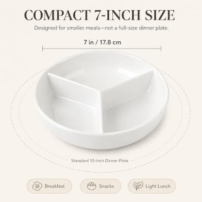Portion Control Plate, 1 Count, 7-Inch Ceramic, White | 1 Plate with 3 Compartments for Small Meals, Microwave & Dishwasher Safe