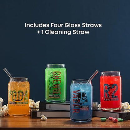 JoyJolt Star Wars Now Playing Collection Tumblers, 16.9oz Classic Can Shape Glass Tumbler Set of 4 w/Glass Straws - style: Star Wars