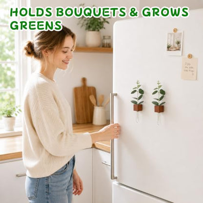 WLLHYF Magnetic Test Tube Flower Vases for Refrigerator Set of 2 Wooden Fridge Magnet Planters with Glass Tubes Propagation Station for Hydroponic Display (No Plant Included)