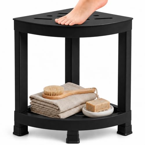 Shower Foot Rest 16in, HIPS Shower Stool for Inside Shower, Waterproof Corner Shower Stool with Storage Shelf for Inside Small Shower Spaces, (Black) - color: Black