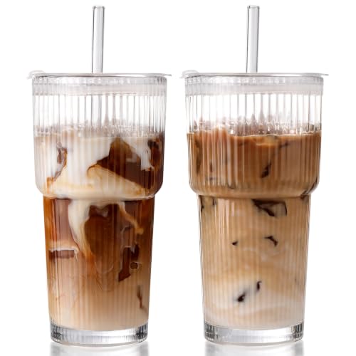 Iced Coffee Cups with Lids 2Pcs: Ribbed Glass Tumbler with Straw and Lid 20oz - Vintage Glass Cups with Lids and Straws - Tumbler Leak Proof Aesthetic Drinking for Coffee Bar Accessories - color: Ribbed