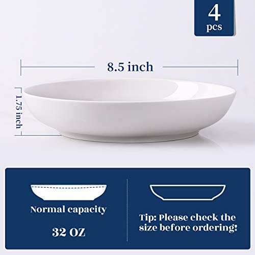 Y YHY Pasta Bowls 32oz, Ceramic Large Salad Serving Bowls, White Pasta Bowls Set, Shallow Soup Bowl Set of 4, Microwave & Dishwasher Safe - size: 8.5 inches