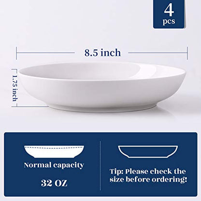 Y YHY Pasta Bowls 32oz, Ceramic Large Salad Serving Bowls, White Pasta Bowls Set, Shallow Soup Bowl Set of 4, Microwave & Dishwasher Safe - size: 8.5 inches