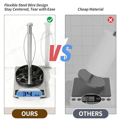 YIGII Heavy Marble Base Paper Towel Holder Countertop - Standing Paper Towel Roll Holder with Black Weighted Base, Gold Papertowel Holder for Kitchen - style: Silver & Black Marble