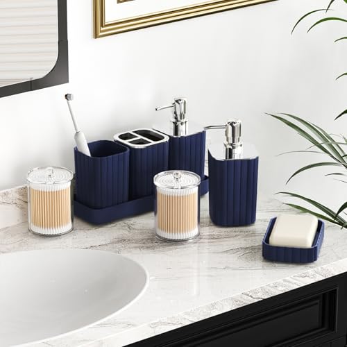 XLHOMO Navy Blue Bathroom Accessories Set - Gorgeous Bathroom Set, 10PC Bathroom Accessory Set, Toilet Brush, Trash Can, Qtip Holder & Soap Dispenser - size: Bath Set, style: Navy Blue&Silver