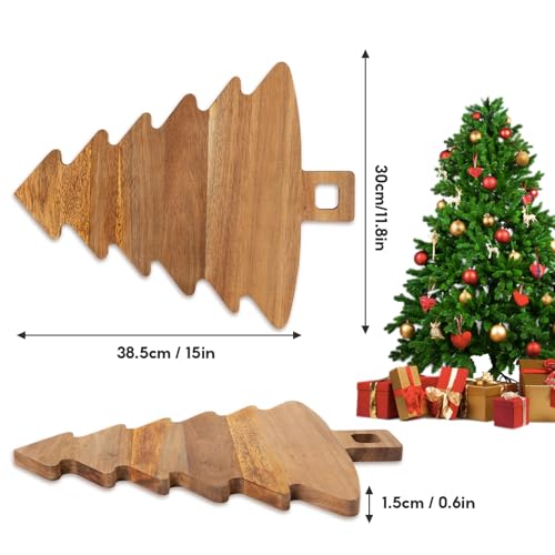 Christmas Tree Cutting Board Wood, Christmas Tree Shaped Charcuterie Board with Handle, Acacia Wood Christmas Tree Wooden Serving Tray, Christmas Gift Decor