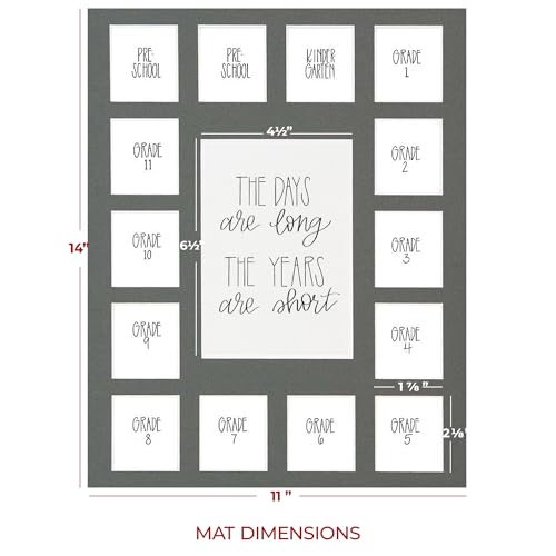 All Things For Mom School Years Reclaimed Wood Picture Frame with Mat - 11x14 Wooden Framed Photo Collage Mat – Pre-School & Kindergarten to 12th Grade (15 Photos, 2 Pre School - 12th, Grey Mat) - color: Grey Mat w/ Frame, size: 15 Photos, 2 Pre School -