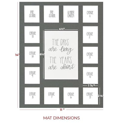 All Things For Mom School Years Reclaimed Wood Picture Frame with Mat - 11x14 Wooden Framed Photo Collage Mat – Pre-School & Kindergarten to 12th Grade (15 Photos, 2 Pre School - 12th, Grey Mat) - color: Grey Mat w/ Frame, size: 15 Photos, 2 Pre School -