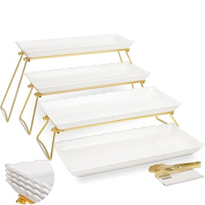 KAQAHIDO Extra Large 4 Tier Serving Tray Set, 34x22x10 inch Wave Edge Melamine Dessert Table Display Set, Tiered Trays Stand for Party Buffet Entertaining, Gold and White - color: Gold