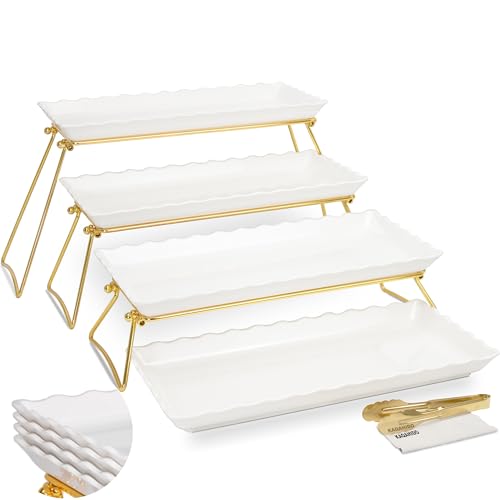 KAQAHIDO Extra Large 4 Tier Serving Tray Set, 34x22x10 inch Wave Edge Melamine Dessert Table Display Set, Tiered Trays Stand for Party Buffet Entertaining, Gold and White - color: Gold