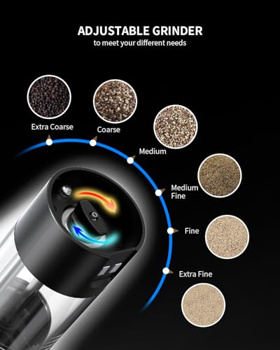 CIRCLE JOY Electric Salt and Pepper Grinder Set with Charging Base, Rechargeable Automatic Pepper Mill, Adjustable Coarseness, LED Light, 140ml Large Capacity - color: Classic Black