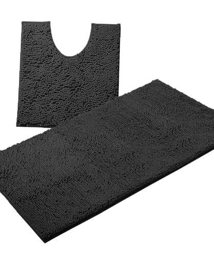 Luxury Black Bathroom Rugs - 2-Piece Set, Soft Plush Anti-Slip Bath Rug + U-Shaped Toilet Mat. Microfiber Shaggy Carpet, Super Absorbent - 36'' x 24'' + 24'' x 20'', Black - color: Black, size: 2 Piece Set - Large
